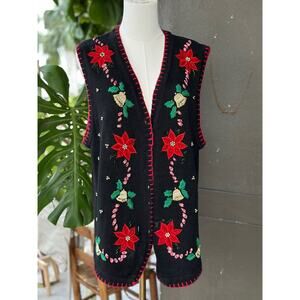 Vintage Y2K Victoria Jones Women’s Large Black Ugly Christmas Sweater Vest Ramie